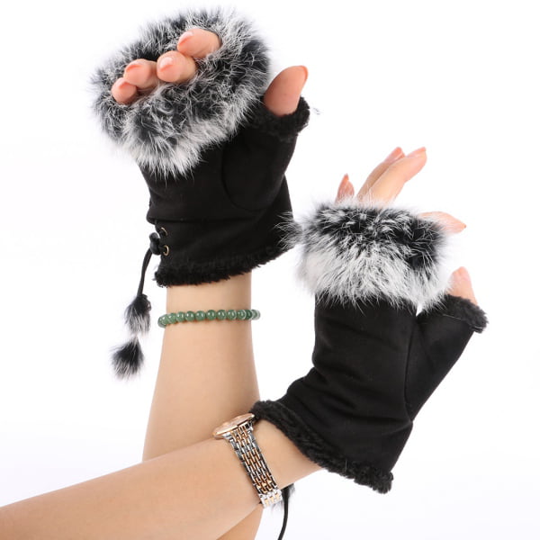 Women Gloves Rabbit Fur Arm Warmers Half-Finger Long Cuffs Autumn Winter Mittens